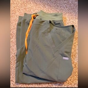Figs Green Scrub Pants with Orange Drawstring and top